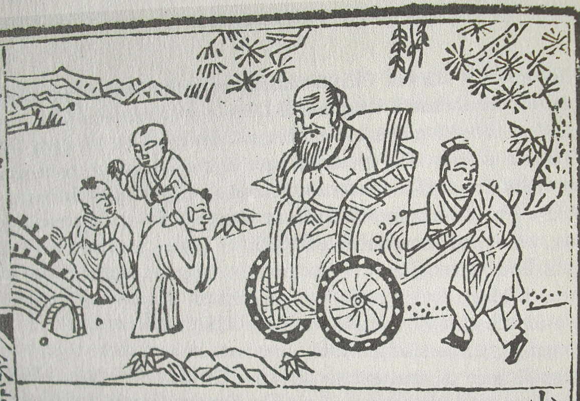 Diálogo de Confucio con un niño, mientras está sentado en una silla de ruedas.